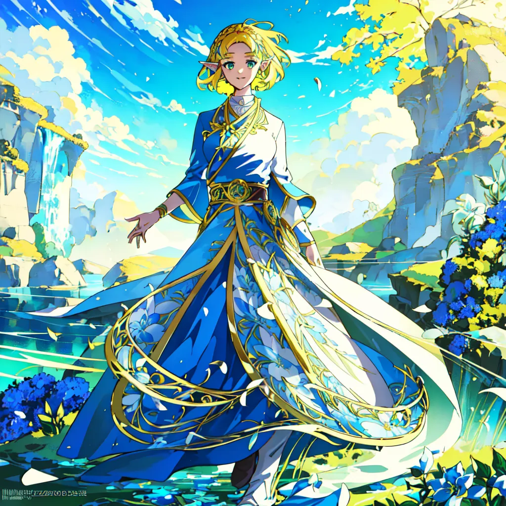 The image is of a young woman with long blond hair and blue eyes. She is wearing a long blue dress with a white underskirt. The dress has gold trim and a pattern of blue and white flowers. She is standing in a field of flowers, with a waterfall and mountains in the background. The sky is blue and cloudy, and the sun is shining.