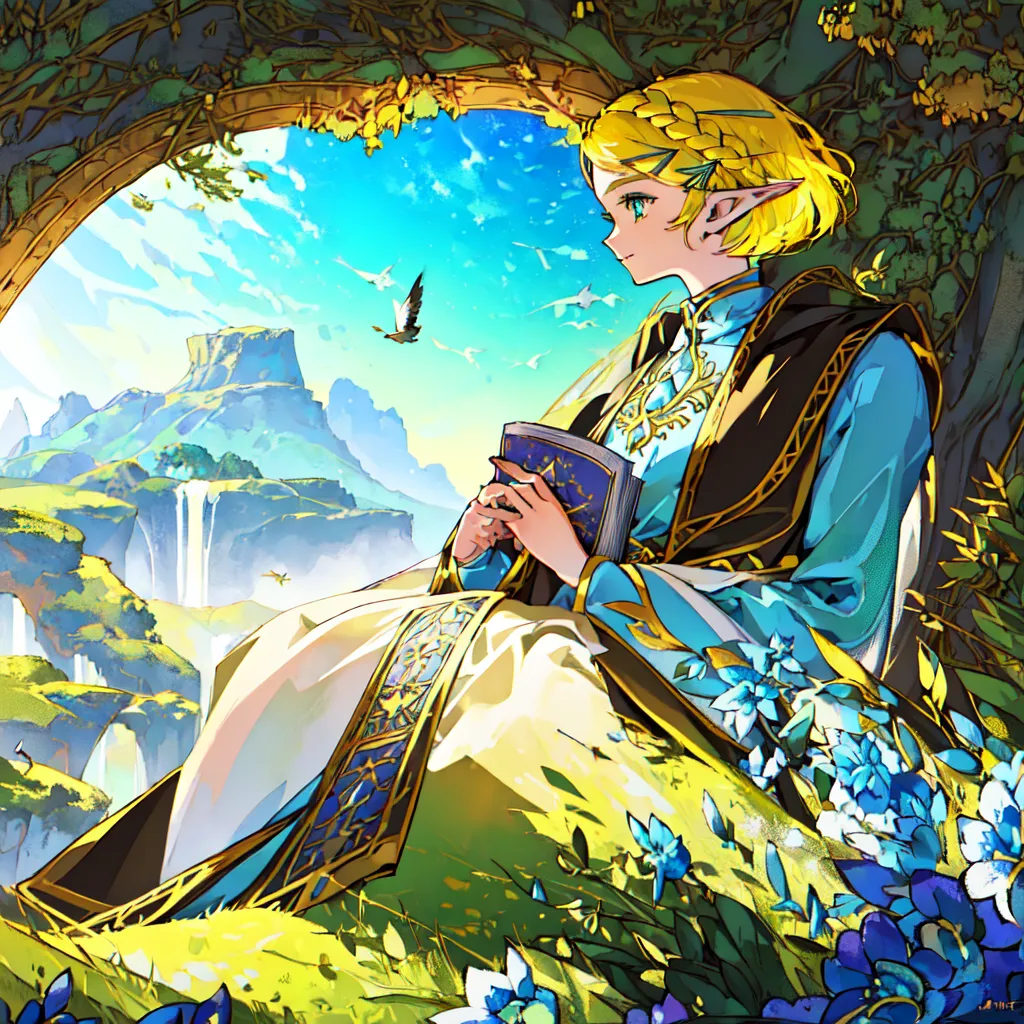 The image is of a blonde-haired, green-eyed woman sitting on a cliff overlooking a valley. She is wearing a blue and green dress with a white cape and is holding a book. The background is a lush green landscape with mountains, waterfalls, and flowers. The image is in a painterly style and has a soft, dreamlike quality.