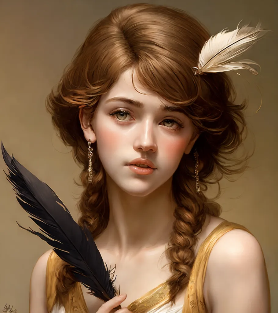 The image shows a young woman with long, wavy brown hair. She is wearing a gold-colored dress with a white sash. There is a white feather and a black feather in her hair. She is also wearing gold-colored earrings. The woman has light skin and light brown eyes. She is looking at the viewer with a serious expression. The background is a solid light brown color.