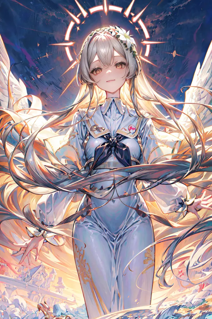 This is an image of a girl with long silver hair and pale skin. She is wearing a white bodysuit with a black bow at the collar. She has a radiant halo behind her head and is surrounded by a soft glow of light. Her eyes are closed and she has a serene expression on her face. She is standing on a bed of clouds and there are rays of light shining down on her from above. The background is a dark blue night sky filled with stars.