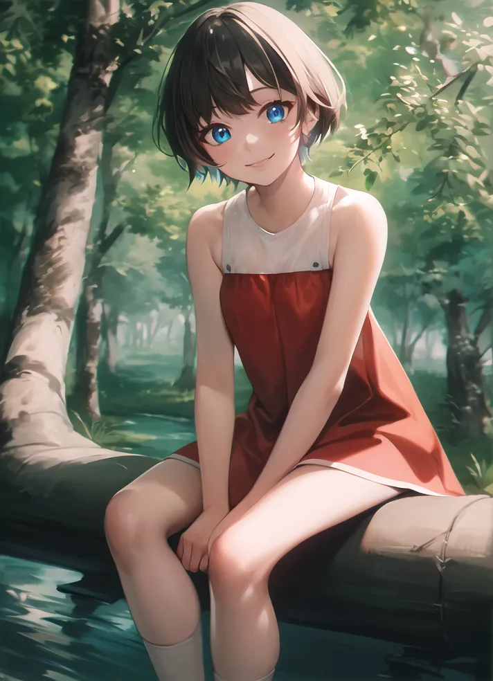 The image is a painting of a young woman sitting on a log in a forest. She has short brown hair and blue eyes, and is wearing a red dress. The background is a blur of green trees and leaves. The image has a soft, dreamlike quality.