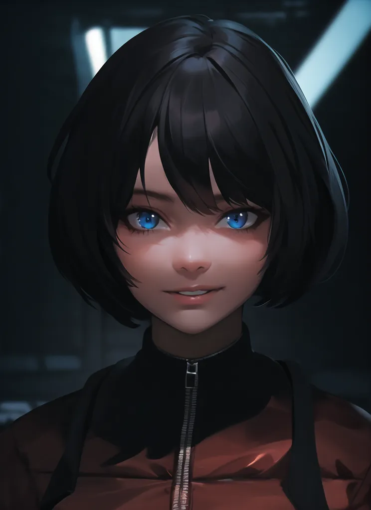 The image is a digital painting of a young woman with short black hair and blue eyes. She is wearing a red and black jacket. The background is dark with two spotlights shining down on her from above. The woman has a soft smile on her face and is looking at the viewer.