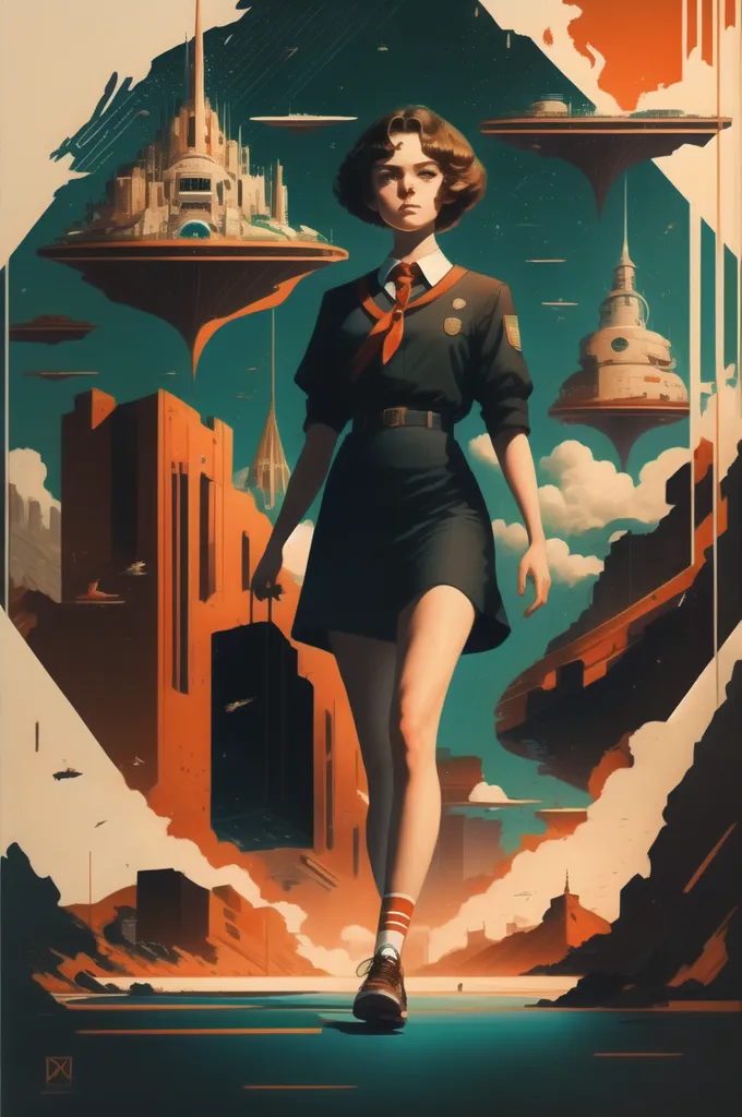 La imagen es una pintura de una mujer joven, vestida con un uniforme retro-futurista, caminando por una ciudad. La ciudad se representa como una serie de islas flotantes, conectadas por puentes y pasarelas. La mujer lleva una maleta. La pintura está hecha en un estilo realista y los colores son apagados y terrosos. La imagen evoca un sentimiento de nostalgia y asombro.