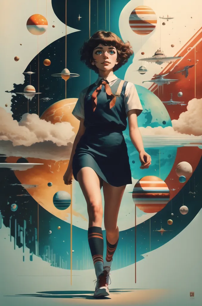 The image is a painting of a young girl in a retro-futuristic setting. She is wearing a blue dress and red socks, and her hair is short and brown. The background is a surreal landscape with planets, moons, and stars. The girl is walking towards the viewer, and she has a determined expression on her face. The painting is done in a realistic style, and the colors are vibrant and saturated.