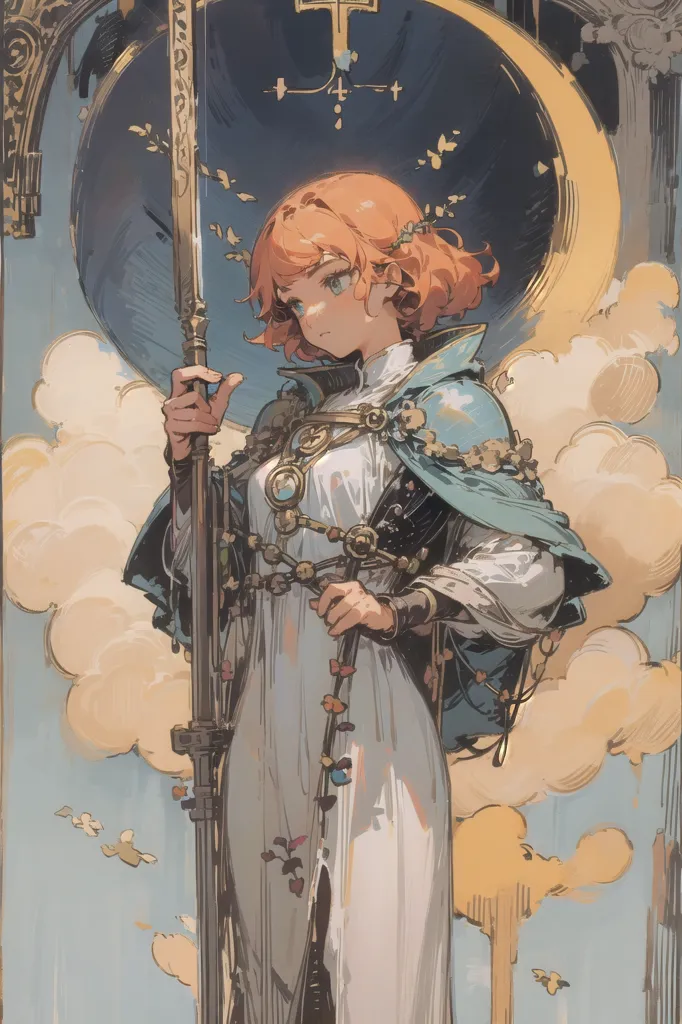 The image is a painting of a young woman standing in front of a blue crescent moon. She is wearing a white dress with a blue sash and a gold necklace. She has long orange hair and green eyes. She is holding a tall staff in her right hand. The background is a light blue sky with white clouds. The painting is in a realistic style and the colors are vibrant and bright. The woman's expression is serious and focused. She seems to be looking at something or someone off-camera. The painting is likely depicting a scene from a fantasy story or video game.