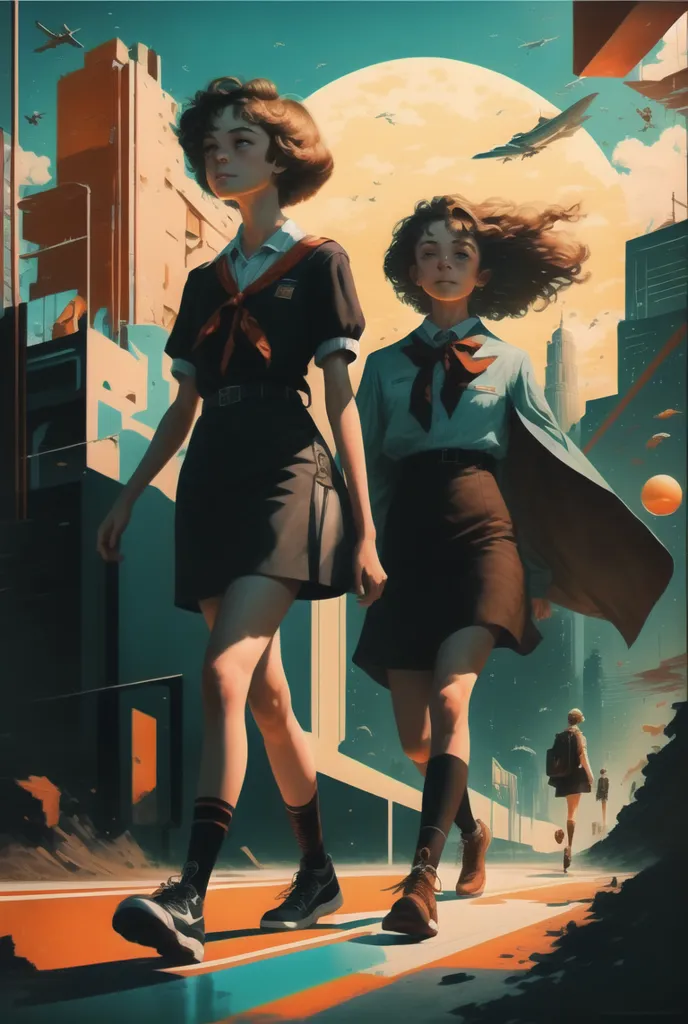 The image is a painting of two young women in a city. The women are both wearing school uniforms and are carrying briefcases. The city is depicted as being very futuristic, with tall buildings and flying cars. The women are walking in a park, and there are trees and flowers in the background. The painting is done in a realistic style, and the colors are very vibrant. The overall tone of the painting is one of hope and optimism.