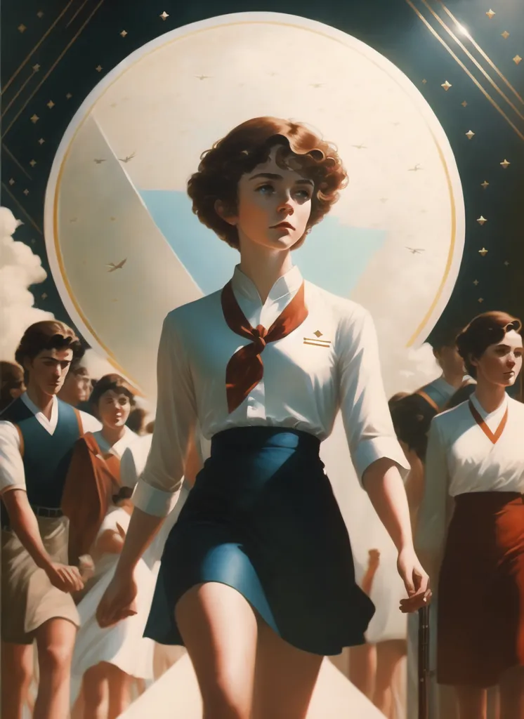 The image is a painting of a young woman in a white shirt and blue skirt. She has short brown hair and a red scarf around her neck. She is standing in front of a large white circle with a gold border. There are other people in the background, all of whom are wearing similar clothing. The painting is in a realistic style and the colors are muted. The woman's expression is serious and determined. She is holding a book in her left hand. The painting is likely a propaganda poster from the Soviet Union.