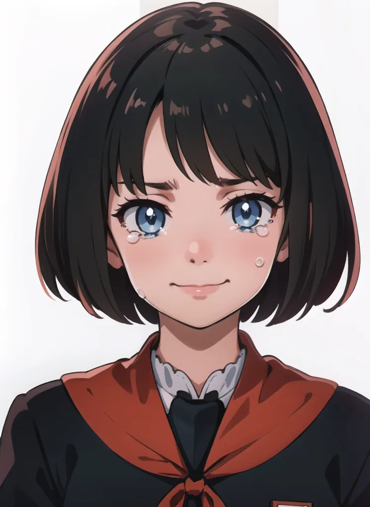 The picture shows a young girl with short black hair and blue eyes. She is crying, but she is also smiling. She is wearing a school uniform.