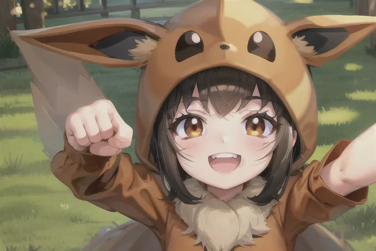 The image is of a young girl with brown hair and eyes. She is wearing a brown and white Eeveelution onesie with a hood. The hood has an Eeveelution face on it. The girl is smiling and has her arms in the air. She is standing in a field of green grass with trees in the background.