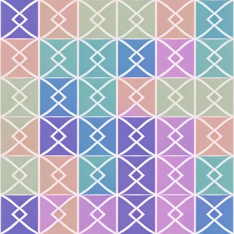 The image is a seamless pattern of pastel-colored squares and diamonds with white lines. The squares are arranged in a grid, and each square contains a diamond. The diamonds are formed by two triangles, one pointing up and one pointing down. The colors of the squares and diamonds are pastel shades of pink, purple, blue, and green. The pattern is simple and geometric, and it has a calming and relaxing effect.