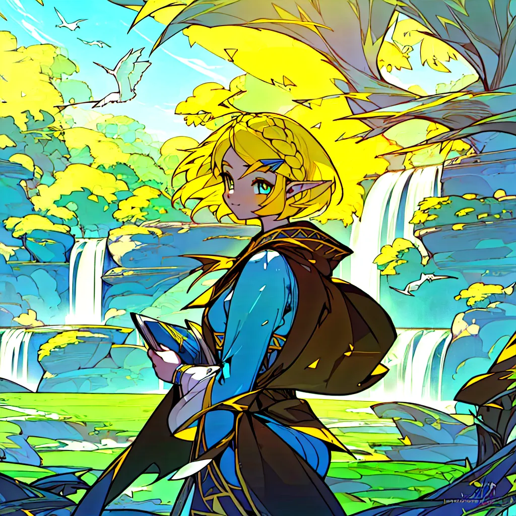 This image shows a young woman standing in a forest clearing. She is wearing a blue tunic and a brown cloak. She has long blond hair and blue eyes. She is holding a book in her hands. There is a waterfall in the background. The image is in a cartoon style.