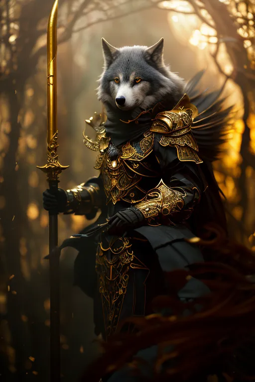 The image is a digital painting of a wolf wearing armor. The wolf is standing in a forest, and it is looking at the viewer with its piercing yellow eyes. The wolf is wearing a suit of black and gold armor, and it is carrying a large sword. The armor is decorated with intricate designs, and the wolf's fur is matted and dirty. The background of the image is a blur of trees and leaves, and the sun is shining brightly through the trees.