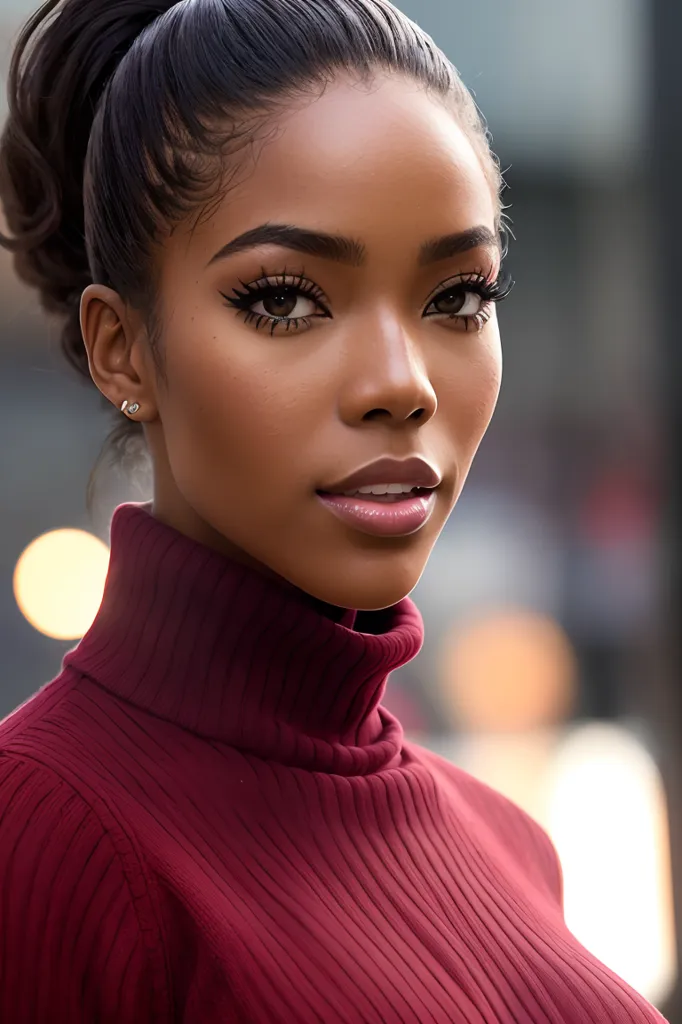 The image is a portrait of a young woman. She has dark skin, long black hair, and brown eyes. She is wearing a red turtleneck sweater. The background is blurred, with two blurred orange lights to the right. The woman is looking at the camera with a slight smile on her face.