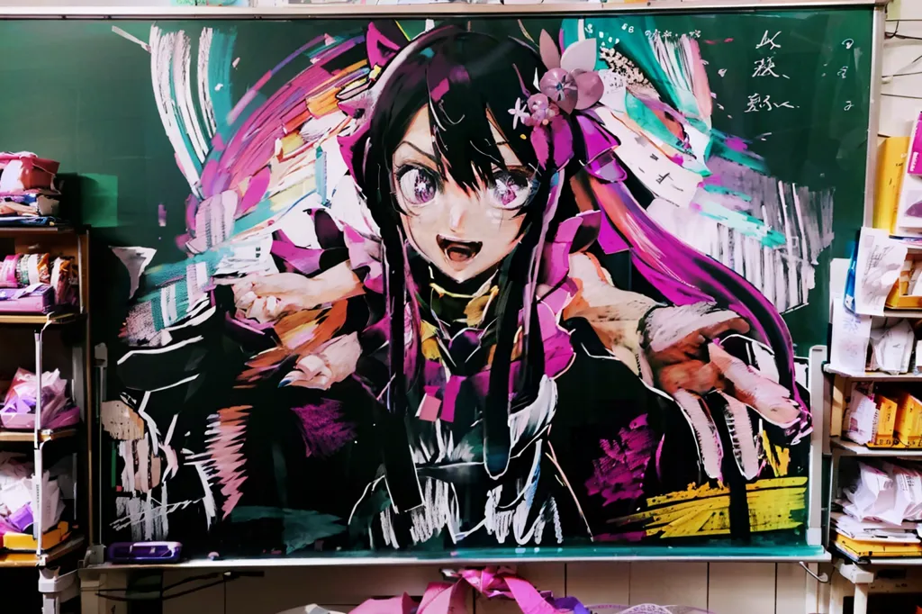 The image shows a chalkboard with a colorful anime-style drawing of a girl with long black hair and purple eyes. The girl is wearing a black dress with purple and pink accents. She has a big smile on her face and is reaching out with her hands. The chalkboard is also decorated with various other drawings and writings.