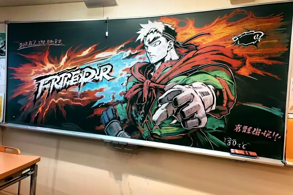 The image shows a chalkboard with a drawing of a character from the Street Fighter video game series. The character, Ryu, is depicted in a dynamic pose, surrounded by colorful flames. The drawing is done in chalk and is highly detailed, capturing the character's likeness and personality.