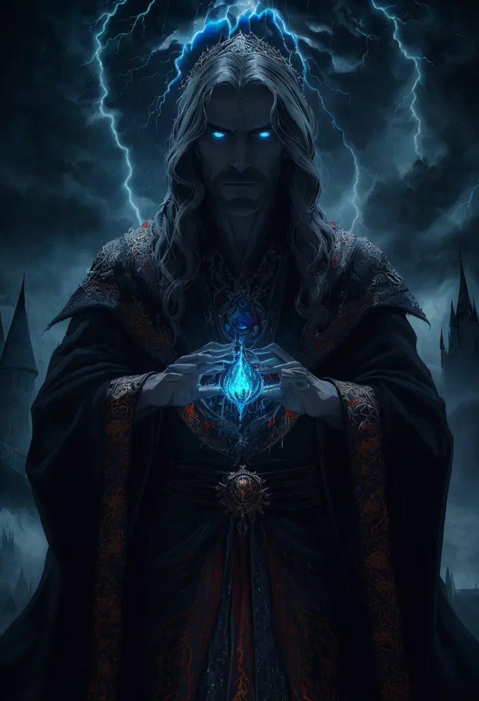 The image is of a tall, pale man with long white hair and a beard. He is wearing a black robe with a red sash and a crown on his head. He is standing in front of a dark background with a castle in the distance. There is a blue orb in his hands and he is looking at it with a serious expression.