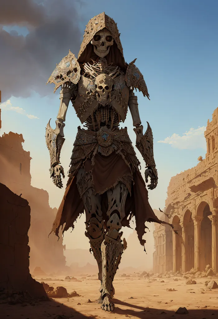 The image is of a skeletal figure walking through a desert. The figure is wearing a tattered brown cloak and a suit of armor made of bones. The armor is decorated with skulls and other bones. The figure's face is a skull with a missing jaw. The figure is walking towards the viewer. In the background, there are large buildings made of stone. The sky is blue, and there are some clouds.