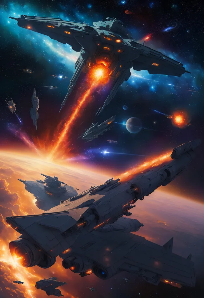 The image shows a space battle between two fleets of spaceships. The battle is taking place in a star system, with a planet and a moon in the background. The spaceships are firing lasers at each other, and there are explosions all around. The spaceships are all different shapes and sizes, and they are all armed with different weapons. The battle is fierce, and it is unclear who will win.