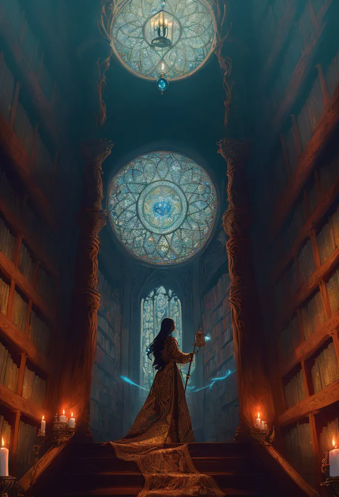 The image is a digital painting of a library. The library is tall and narrow, with a vaulted ceiling. There are bookshelves on all sides of the room, and a large stained glass window at the end of the room. A woman is standing in the center of the room. She is wearing a long dress and holding a staff. There are candles on the floor near her.