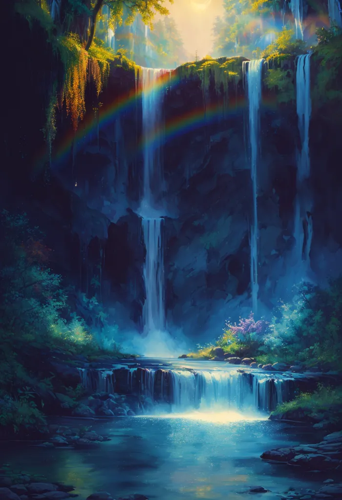 This is a picture of a waterfall. The waterfall is cascading down a rocky cliff into a pool of water, with a rainbow arcing above it. The waterfall is surrounded by a lush green forest. The water in the pool is crystal clear. The waterfall is in a remote area, and the only sound is the sound of the water crashing down.