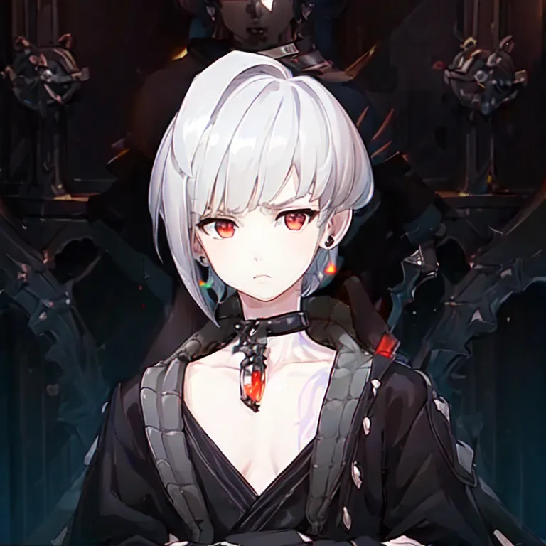 The image is of a young man with short white hair and red eyes. He is wearing a black kimono with a red sash and has a red crystal necklace around his neck. He is sitting on a throne with a dark background.