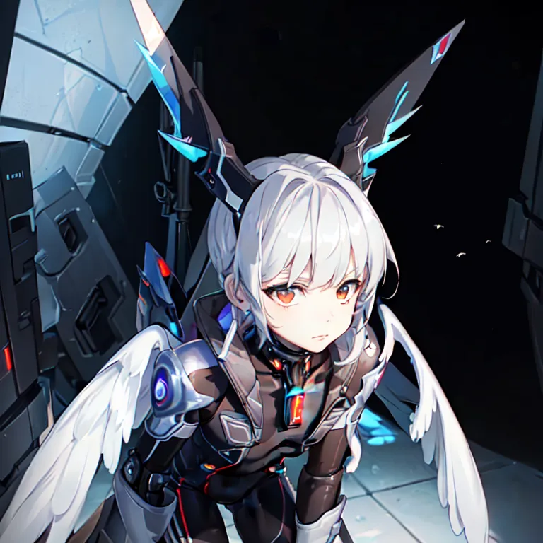 The image is of an anime-style girl with white hair and orange eyes. She is wearing a black and white bodysuit with a pair of large, mechanical wings on her back. The girl is kneeling on the ground in front of a large, metallic door. The door is open, and a bright light is shining from inside. The girl's expression is one of determination and excitement.