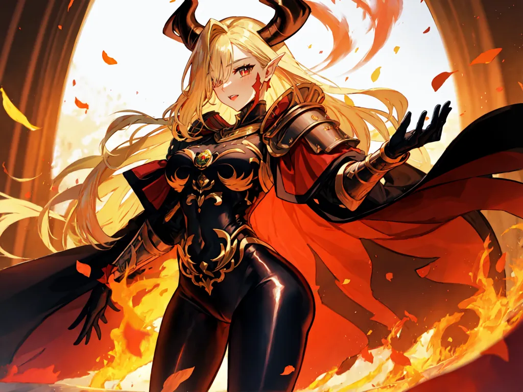 The picture shows a young woman with long blond hair and yellow eyes. She has devil horns on her head and is wearing a black and red bodysuit. She is standing in a fiery background with her arms outstretched.