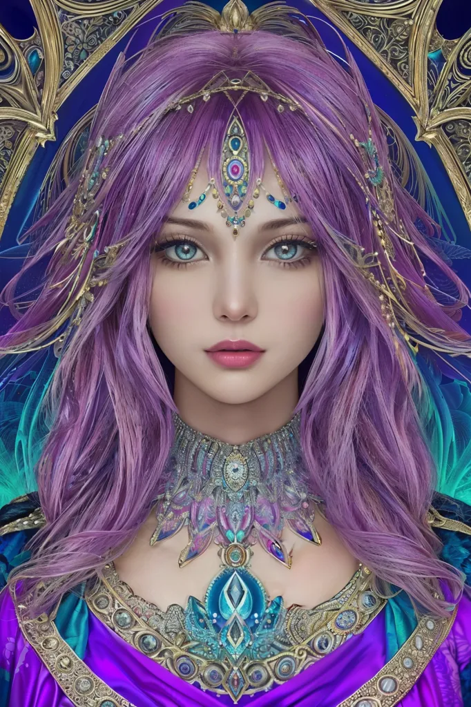 The image is a portrait of a beautiful woman with long purple hair and blue eyes. She is wearing a purple dress with a gold necklace and a gold headpiece. The background is a dark blue with a gold border. The woman's expression is serious and thoughtful.