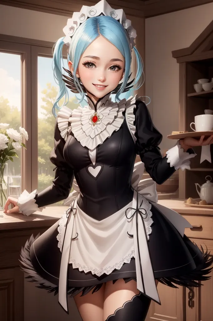 The image shows a young woman dressed in a maid outfit. She has blue hair and eyes, and she is smiling at the viewer. She is wearing a black dress with a white apron, and she is holding a tray with a teapot and two teacups on it. In the background, there is a window with a view of a garden.