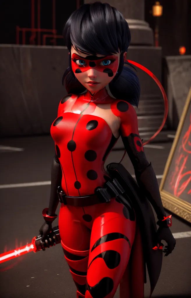 The image shows a young woman standing in a dark alleyway. She is wearing a red and black bodysuit with a ladybug-themed mask. She is also wearing a utility belt and a pair of red and black boots. Her hair is black and tied back in a ponytail. She is holding a red and black lightsaber.