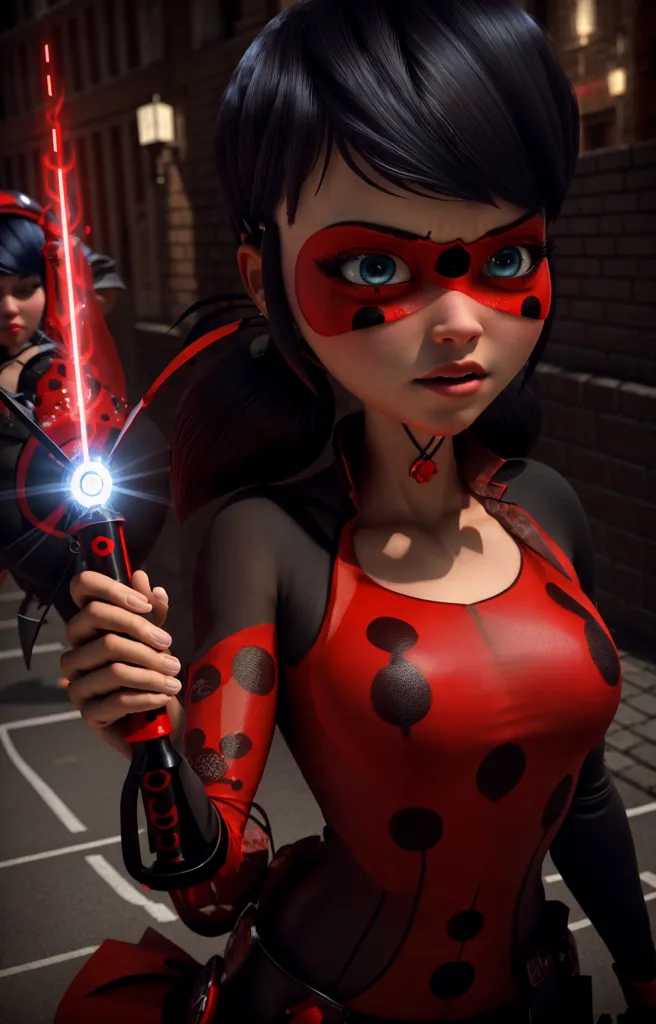 The picture shows a girl dressed as Ladybug, a superhero from the popular animated series "Miraculous: Tales of Ladybug & Cat Noir". She is wearing a red and black suit with a polka dot pattern and a black mask with red spots. Her hair is black and tied up in a ponytail. She is holding a red and black weapon that looks like a sword. She is standing in an alleyway, probably about to fight an akuma.