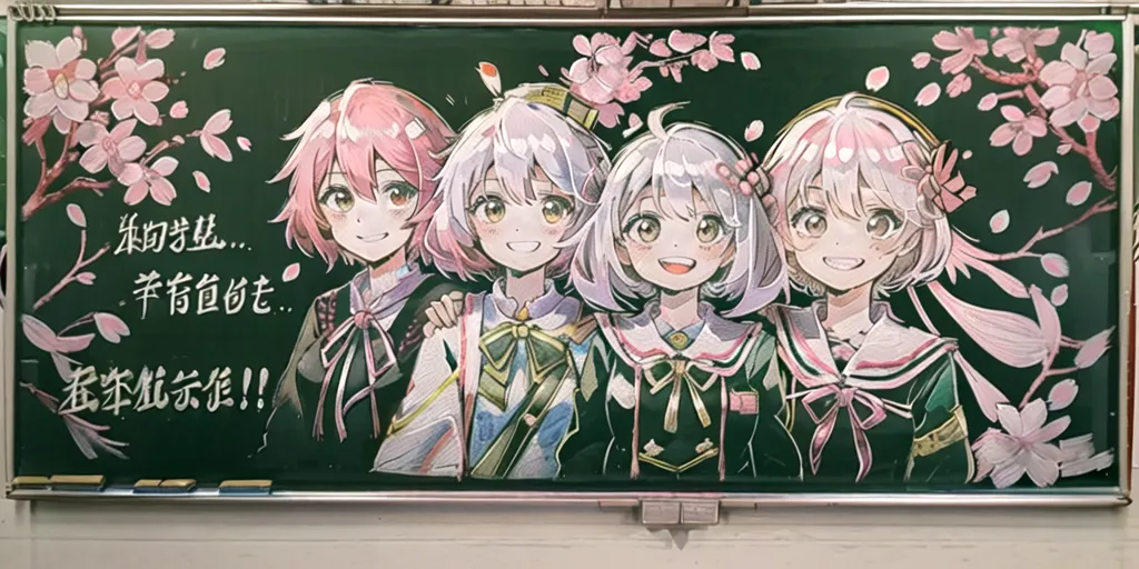 The image shows an anime-style drawing of four girls in school uniforms on a chalkboard. The girls are all smiling and have their arms around each other. The background is a light green color, and there are cherry blossoms drawn in the corners. The text at the top of the chalkboard says \