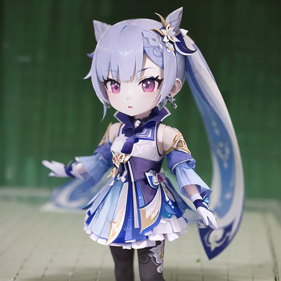 La imagen muestra un personaje de estilo anime con un tipo de cuerpo chibi. Tiene la piel pálida, ojos morados y el cabello largo y blanco con reflejos azules y morados, que está recogido en una cola de caballo. Lleva un vestido azul y blanco con un delantal blanco y un sombrero azul con una flor blanca. También tiene orejas y cola de gato. Está de pie en un campo de hierba y hay árboles verdes en el fondo.