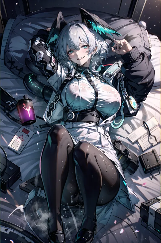 The image is of a beautiful anime girl with white and blue hair. She is wearing a white dress with a black jacket. She is sitting on a bed with a bunch of gadgets and weapons around her. She has a smug expression on her face.