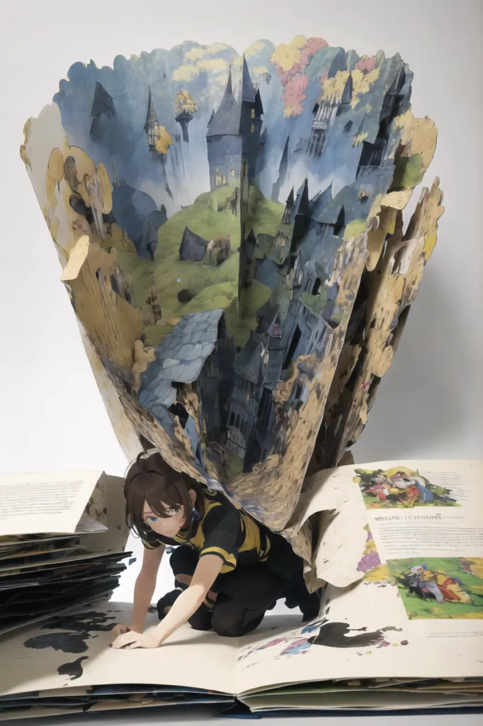 The image shows a girl with brown hair and blue eyes wearing a black shirt and yellow jacket/sweater. She is kneeling on a large book, and the pages of the book are torn and folded in such a way that they create a 3D landscape. The landscape is a fantasy world with castles, mountains, and trees. The girl is looking at the landscape with a look of wonder on her face.