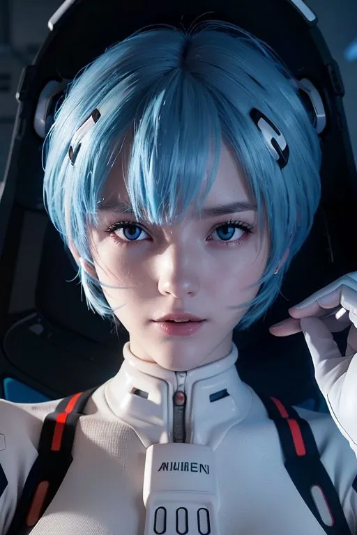 The picture shows a young woman with short blue hair and blue eyes. She is wearing a white and red plugsuit with a high collar. The plugsuit has the word \