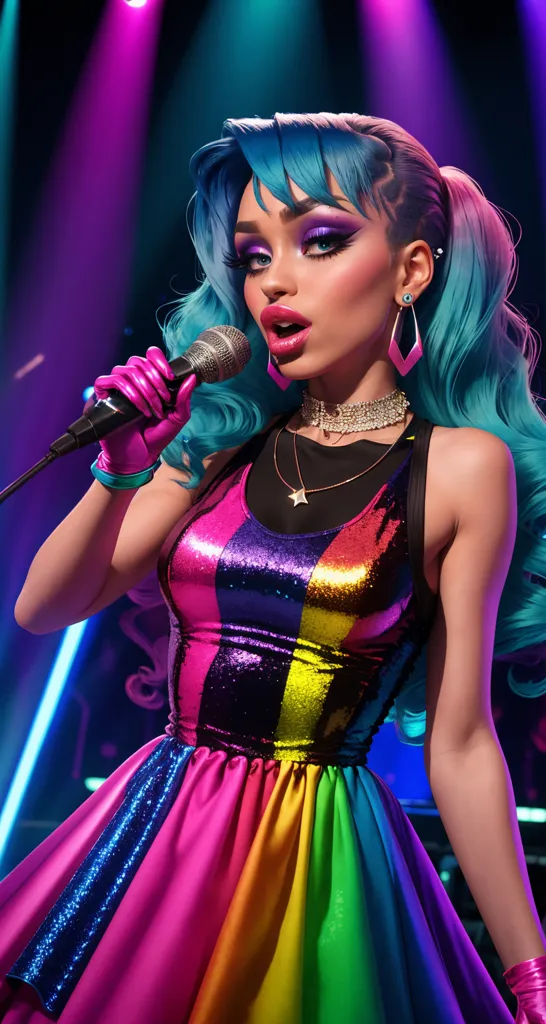 A imagem mostra uma mulher com cabelo azul e batom rosa usando um vestido brilhante e colorido cantando em um microfone. Ela está em um palco com luzes brilhantes ao fundo. Ela está usando uma luva na mão direita. Ela tem um colar com um pingente em forma de estrela.