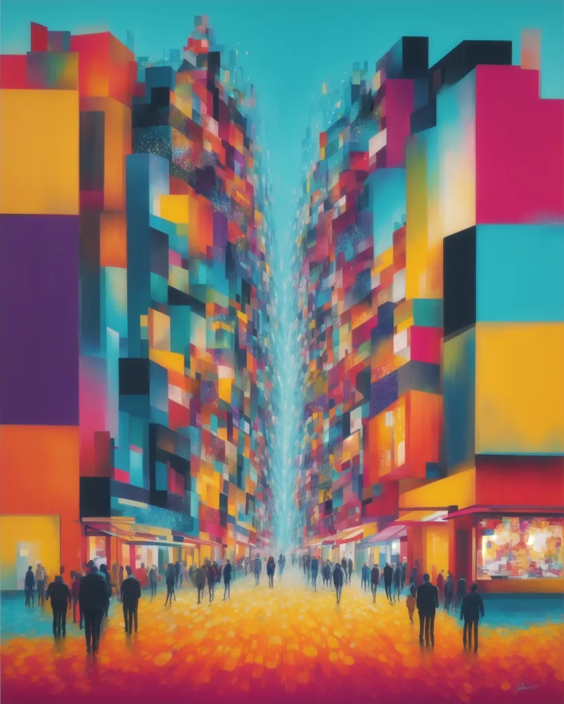 The painting is in a vibrant and colorful style, with a perspective view of a city street. The buildings are tall and narrow, and they are painted in various bright colors. The street is crowded with people, who are all walking in the same direction. The painting has a sense of movement and energy, and it seems to capture the hustle and bustle of city life.