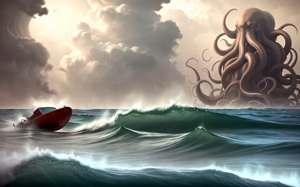 The image is a painting of a large octopus-like creature rising out of the ocean. The creature is depicted as having a red body with long, green tentacles. It is surrounded by a stormy sea and there is a small boat in the foreground of the image. The sky is dark and cloudy and the waves are crashing against the shore. The creature is looking at the boat with its large, red eyes. The painting is done in a realistic style and the colors are muted and dark. The image is both beautiful and terrifying, and it evokes a sense of awe and wonder.