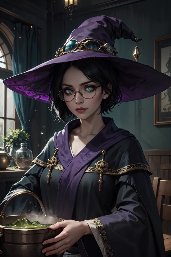 The picture shows a young woman dressed as a witch. She is wearing a purple robe with gold trim and a matching purple hat. She has short black hair and green eyes. She is standing in a dark room, probably her study, in front of a wooden table with a green bubbling potion on it. She is holding the handle of the pot with both hands.