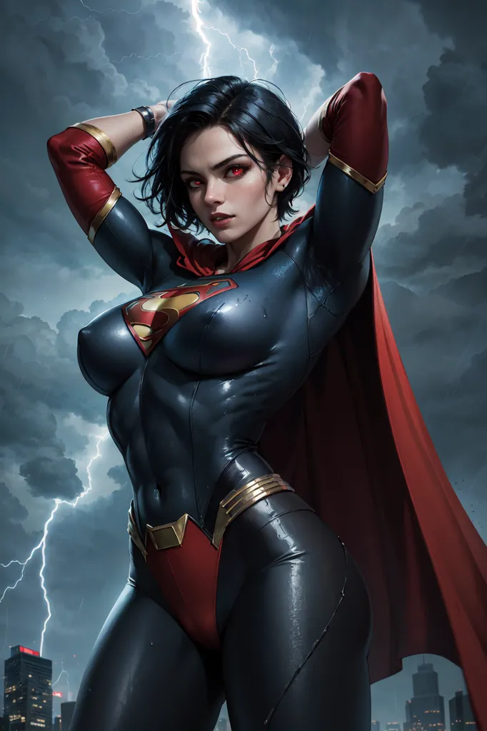 The picture shows a woman with short black hair, red eyes, and a muscular build. She is wearing a blue and red superhero costume with the letter \