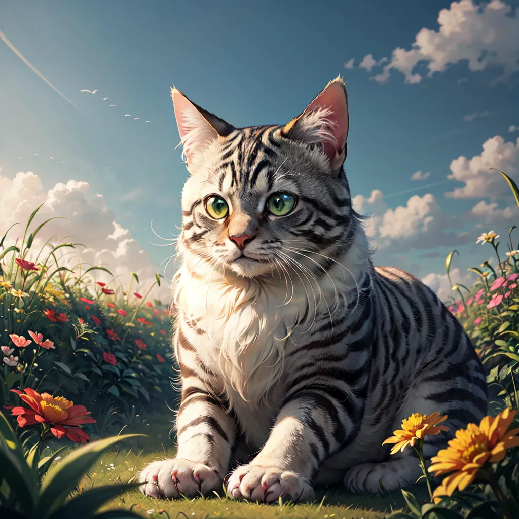 A gray and white cat is sitting in a field of flowers. The cat has green eyes and is looking at the camera. The field of flowers has many different colors, including red, orange, yellow, and purple. There are also some green grassy patches. The sky is blue and there are some white clouds.