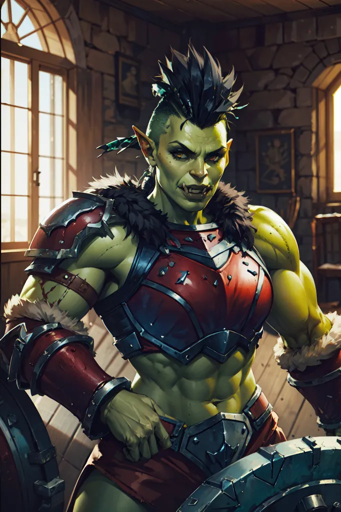 The image shows a muscular female orc in a red and brown bikini top and a gray skirt. She has a large sword on her back and a round shield in her left hand. Her right hand is on her hip. She has a green Mohawk and green skin. She is standing in a room with a stone floor and walls. There is a window to her left and a wooden door to her right.