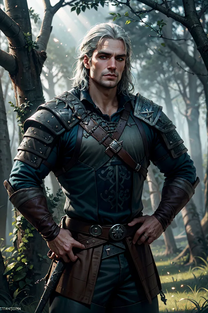 The image shows a man with long white hair and green eyes. He is wearing a blue shirt with a brown leather vest and brown leather pants. He has a sword on his left hip and a dagger on his right hip. He is standing in a forest, with his hands on his hips. He has a confident expression on his face.