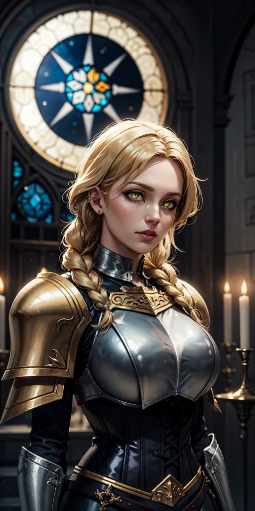 The image is of a woman in medieval armor. She is standing in front of a stained glass window. The armor is silver and gold, and the stained glass window has a blue and gold pattern. The woman has long blond hair and green eyes. She is looking at the viewer with a serious expression.