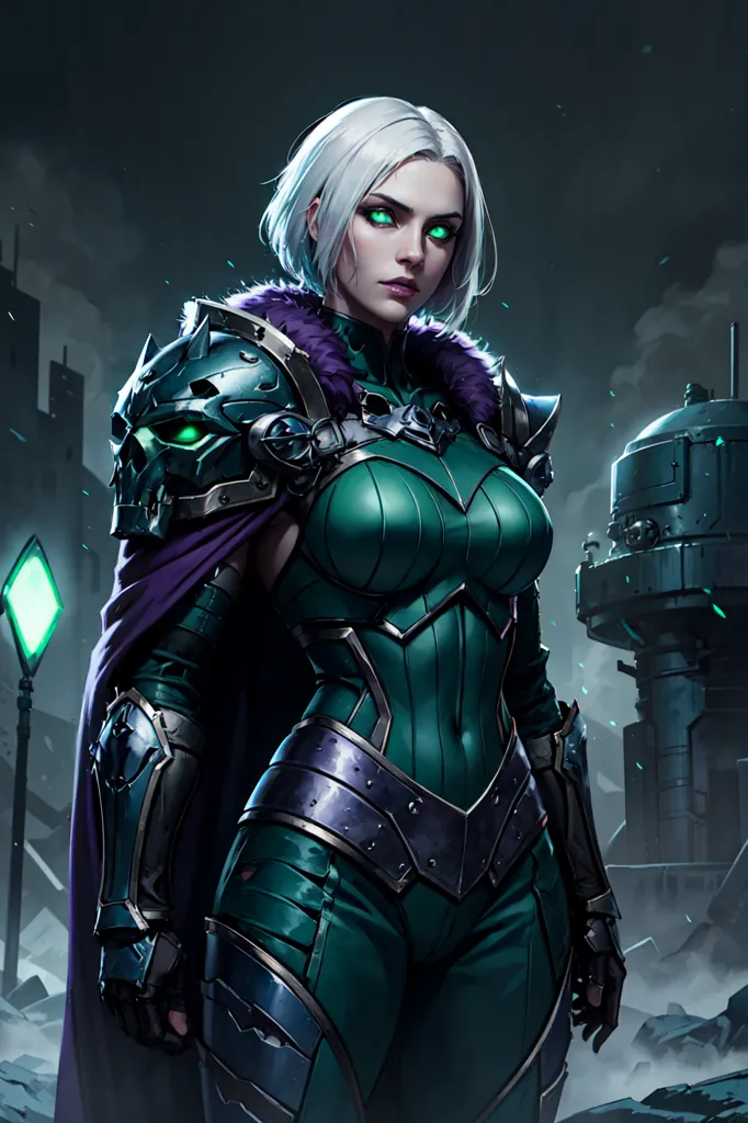 A woman with short white hair and green eyes is wearing a green and gray suit of armor. She is standing in a dark place with a large metal structure in the background.