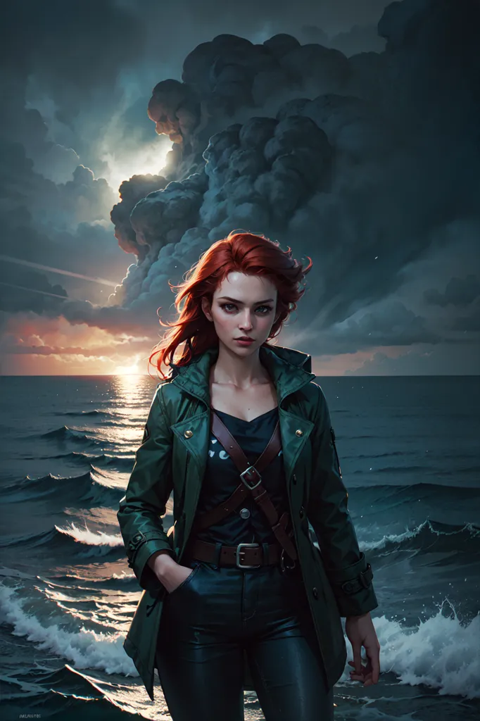 This is an image of a woman standing on a beach, with stormy weather in the background. The woman is wearing a green jacket and black pants, and she has long red hair. She is looking at the camera with a serious expression. The background of the image is a dark, stormy sea, with waves crashing against the shore. The sky is dark and cloudy, with a bright light shining through the clouds in the distance.