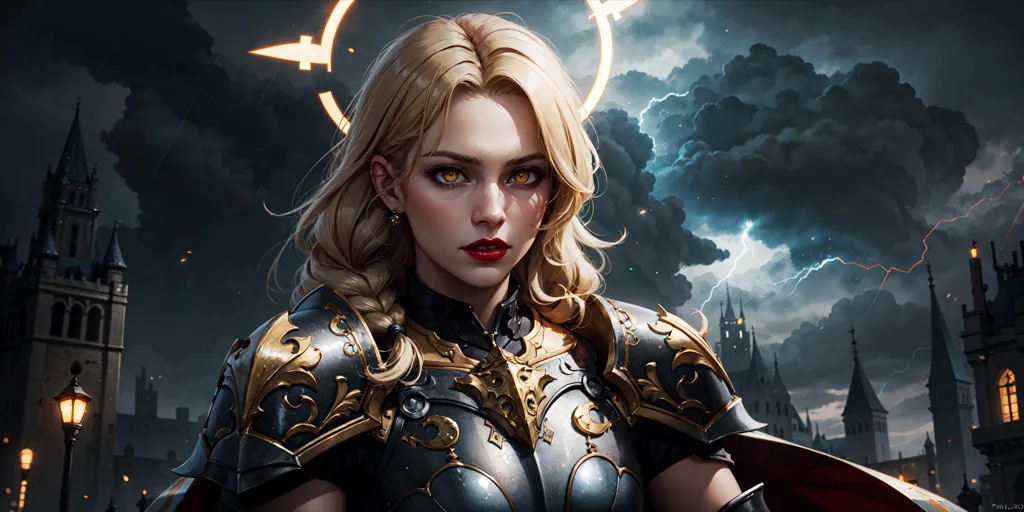 The image is of a woman standing in front of a dark and stormy sky. She is wearing a suit of armor and has a sword in her hand. She has long blonde hair and green eyes, and she is looking at the viewer with a determined expression. There are ruins of a city in the background.