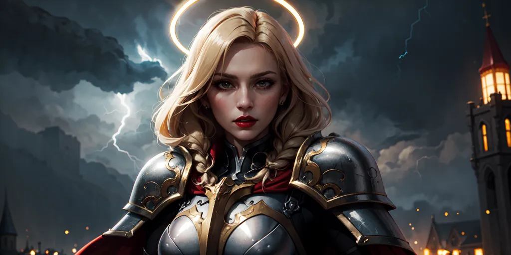 L'image montre une femme en armure médiévale avec un manteau rouge. Elle a de longs cheveux blonds et un halo autour de la tête. Elle se tient devant un ciel sombre et orageux avec un château en arrière-plan.