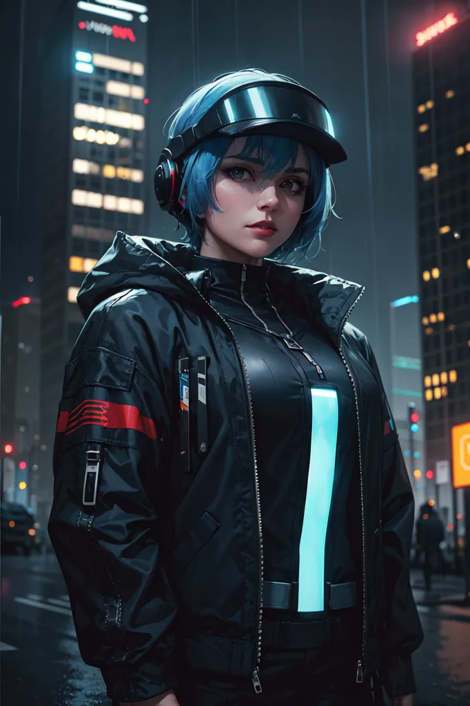 A young woman with blue hair is standing in a dark city street. She is wearing a black jacket with red stripes and a blue visor. She has headphones on and is looking at the camera with a serious expression. The background is blurred with city lights.